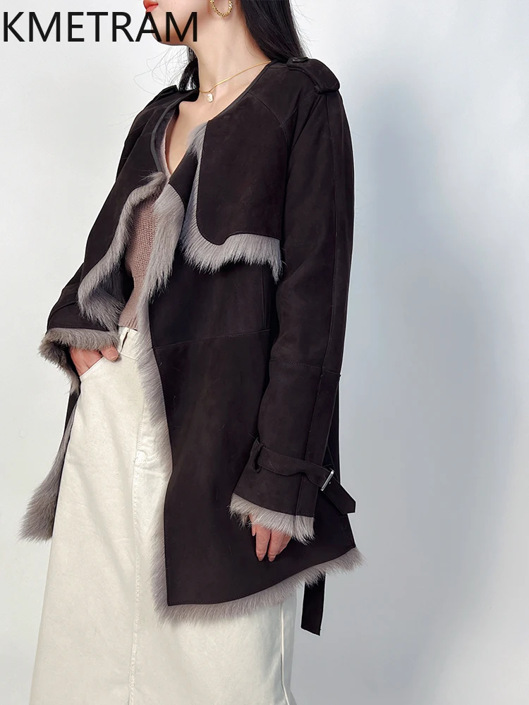 Natural Goatskin Wool Double Faced Fur Jacket Woman Dark Coffee Colored Real Fur Coat Winter Leather Jackets Women Clothing 2025