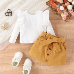 Adroable Toddler Autumn Outfits Solid Color Ruffles Long Sleeve Ribbed T-shirts Belted Mini Skirts Set Casual Baby Girls Clothes