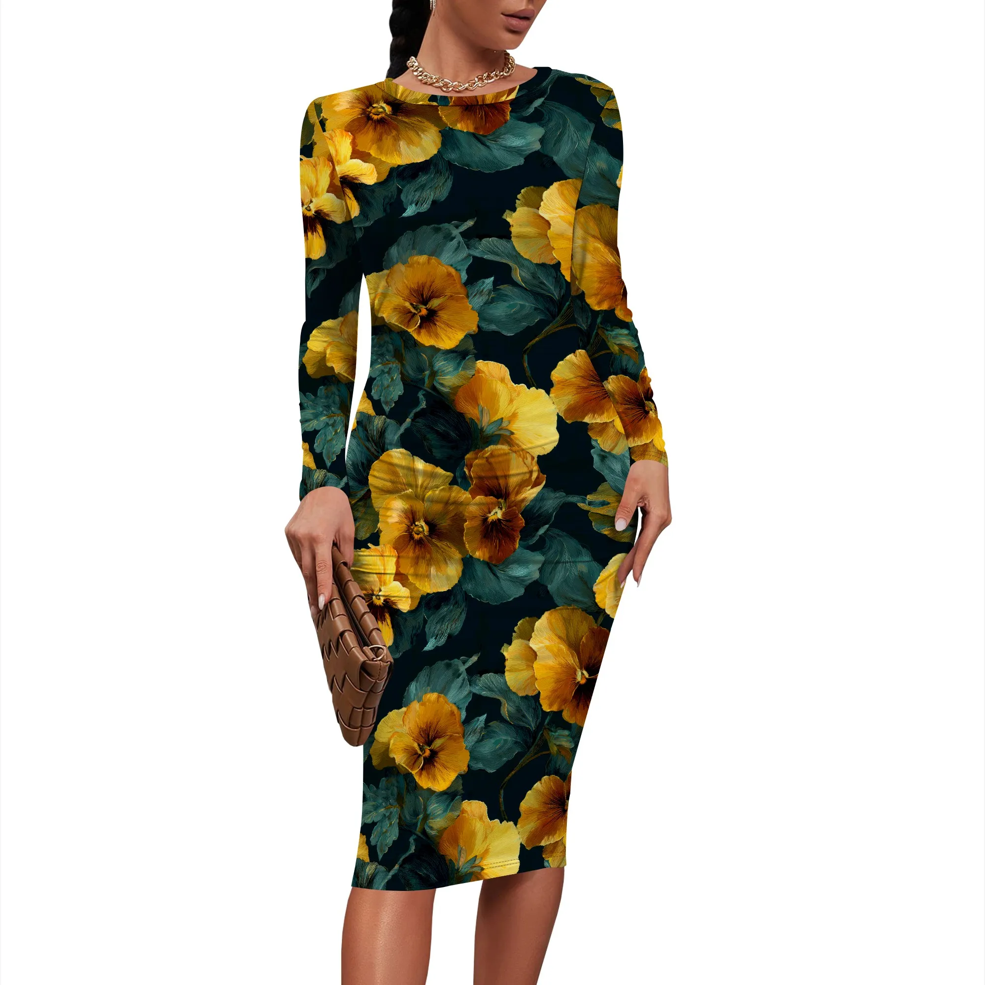 Sukienka Nupusa w czarno-żółty wzór kwiatowy dla kobiet, rozmiar regularny, codzienna, z okrągłym dekoltem, długi rękaw, dopasowana sukienka midi.