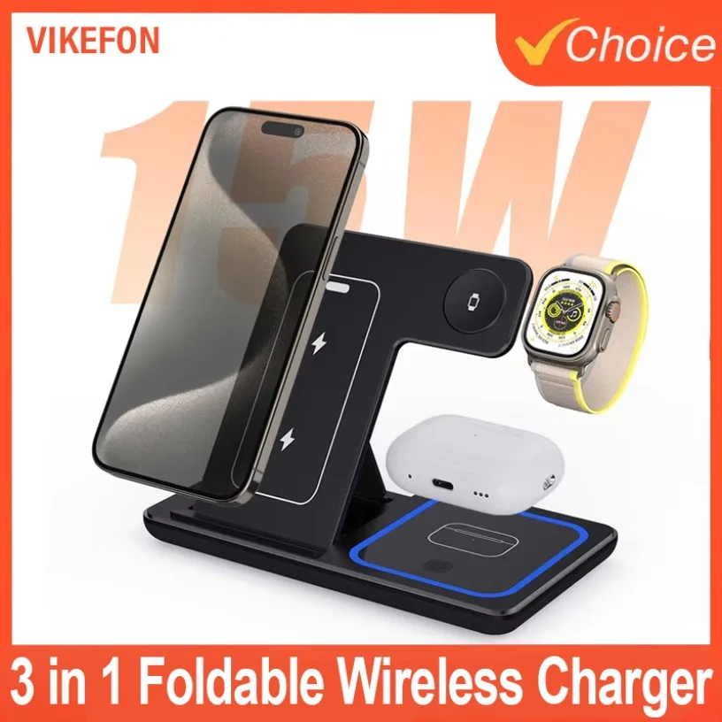 Wireless Charger 3 in 1 Stand Foldable 30W LED Fast Charging Station For iPhone 16 15 14 13 12 Apple Watch 9 8 7 6 5 Airpods Pro