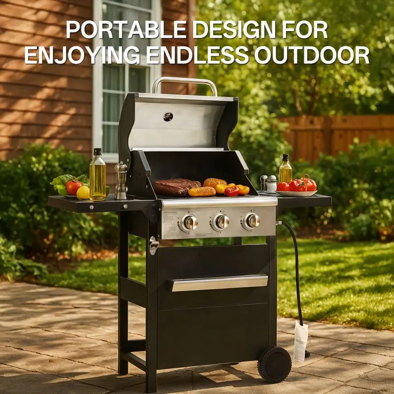 27,000 BTU 3-Burner BBQ Grill with Cover – Double-Layer Stainless Steel Lid, Grates, 2 Built-in Shelves & Side Wheels – For Outdoor Patio & Terrace Barbecue