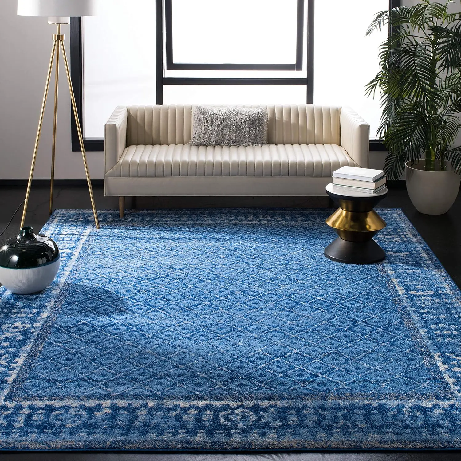 Area Rug - 10' x 14', Light Blue & Dark Blue, Distressed Design, Non-Shedding & Easy Care, Ideal