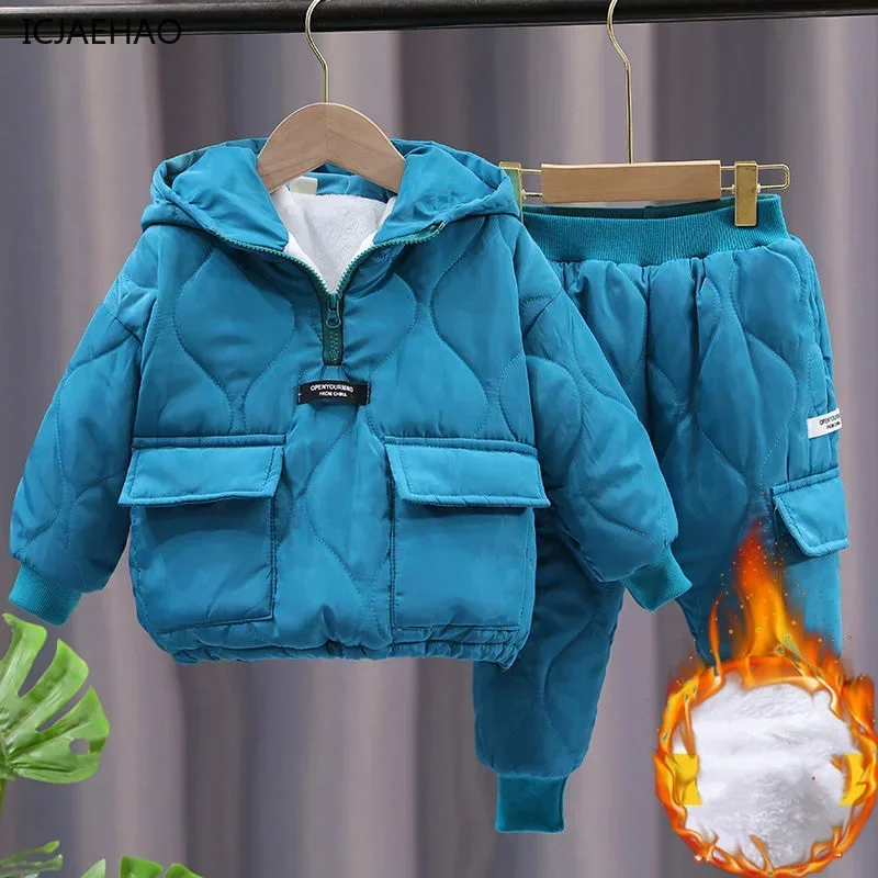 

2025 Children Warm Thick Jackets Pants Suit Spring Girls Boys Clothing Sets Coats Trousers 2-10 Y Kids Tracksuit Winter Outfits