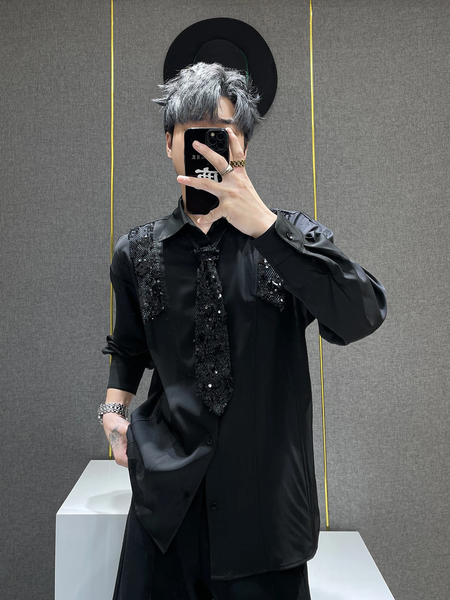 

Loose oulder Pad Long Sve Men's irt Tie Design Faionable Casual Loose Fit oulder Padded Spring Summer Menswear