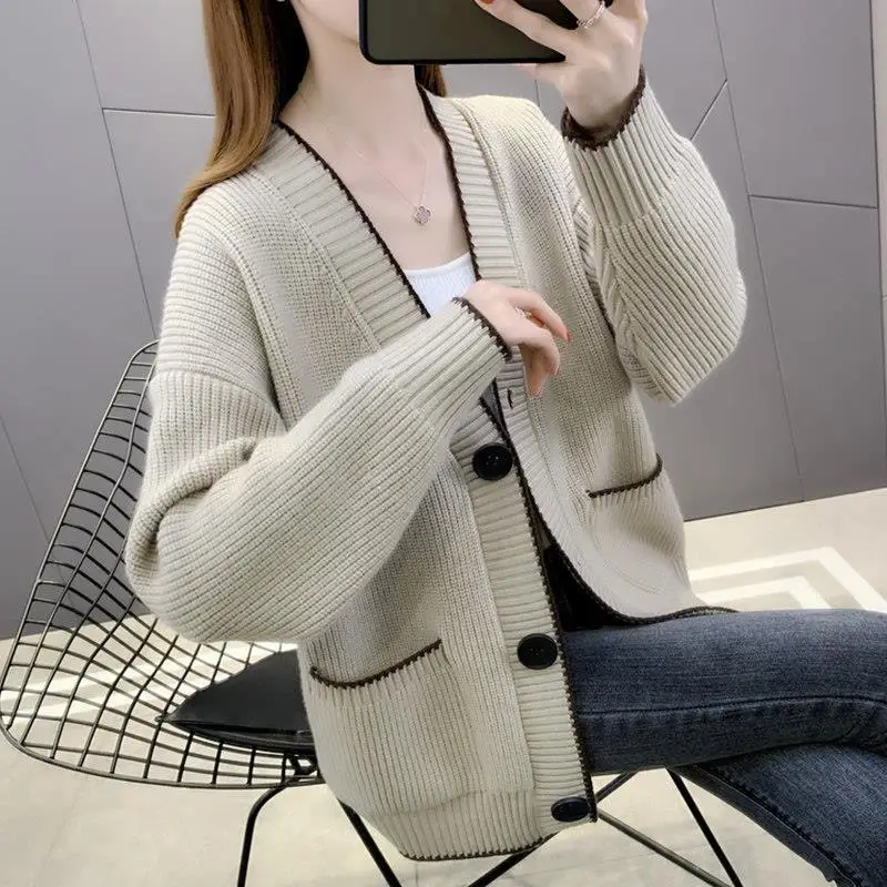 Women Trendy Vintage Simple Casual Single Breasted Knitted Cardigan Female Korean Y2K V Neck Long Sleeve Loose Chic Sweater Coat