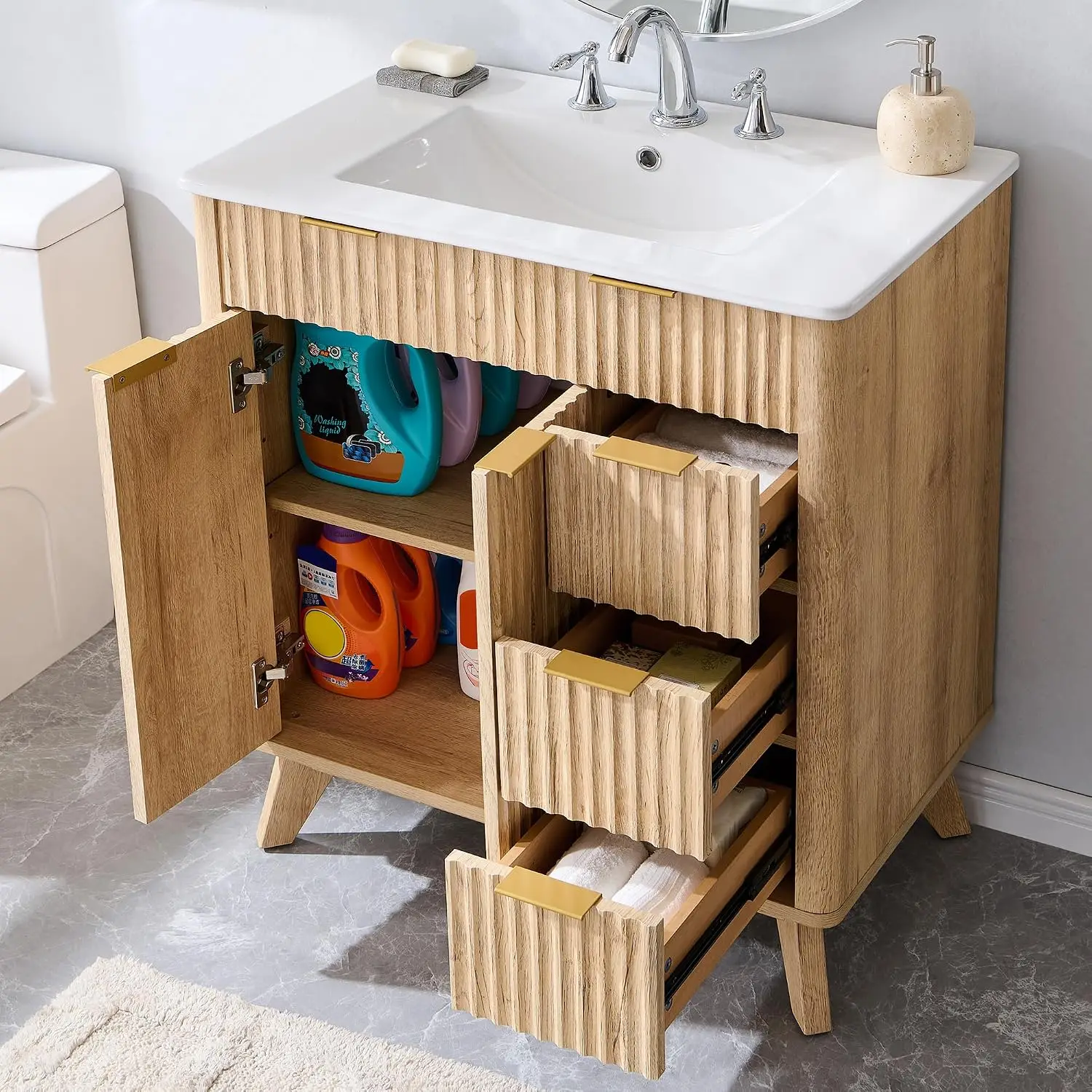 Freestanding Modern Bathroom Storage Vanity Cabinet with 2 Soft Closing Doors & 3 Drawers, Wood Grain Texture, Customized