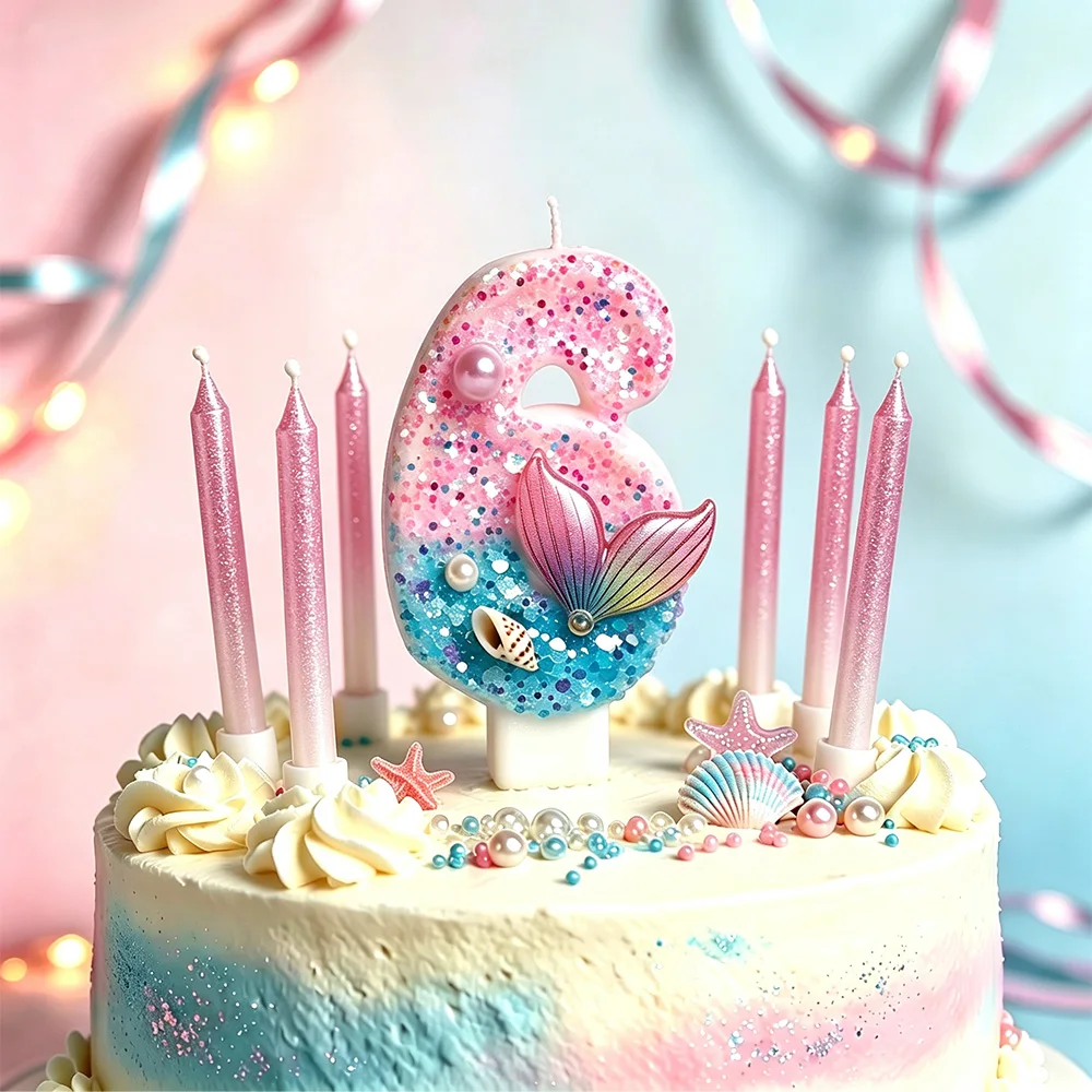 6/7pcs Mermaid Tail Glitter Birthday Number Candles Mermaid Themed Cake Toppers DIY Party Decorations Baby Shower Party Supplies view 2