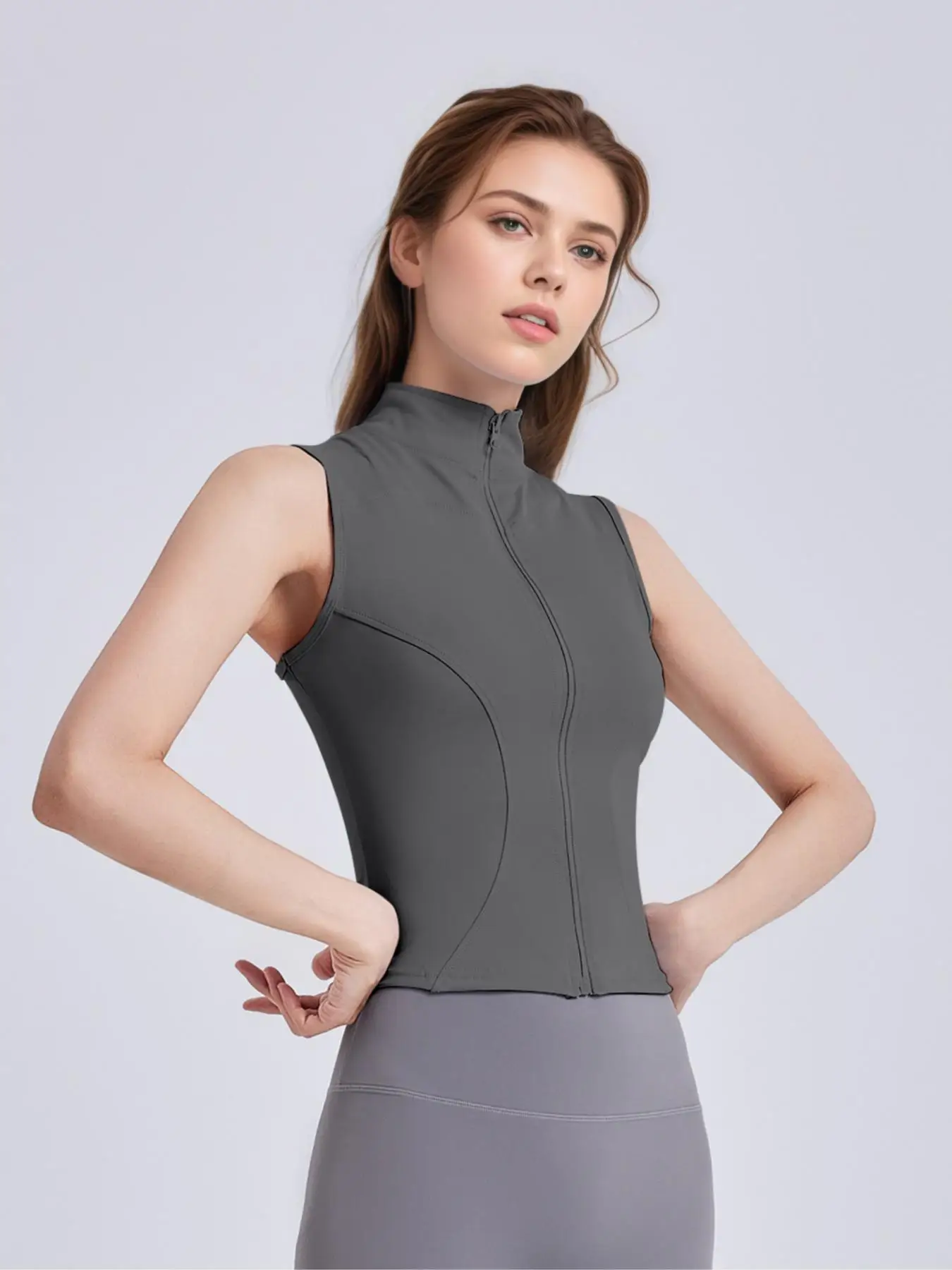 Women's Solid Thumb Hole Design Sports Jacket, Sporty Zip Up Sleeveless Outerwear for Yoga Gym Workout, Ladies Sportswear for Al