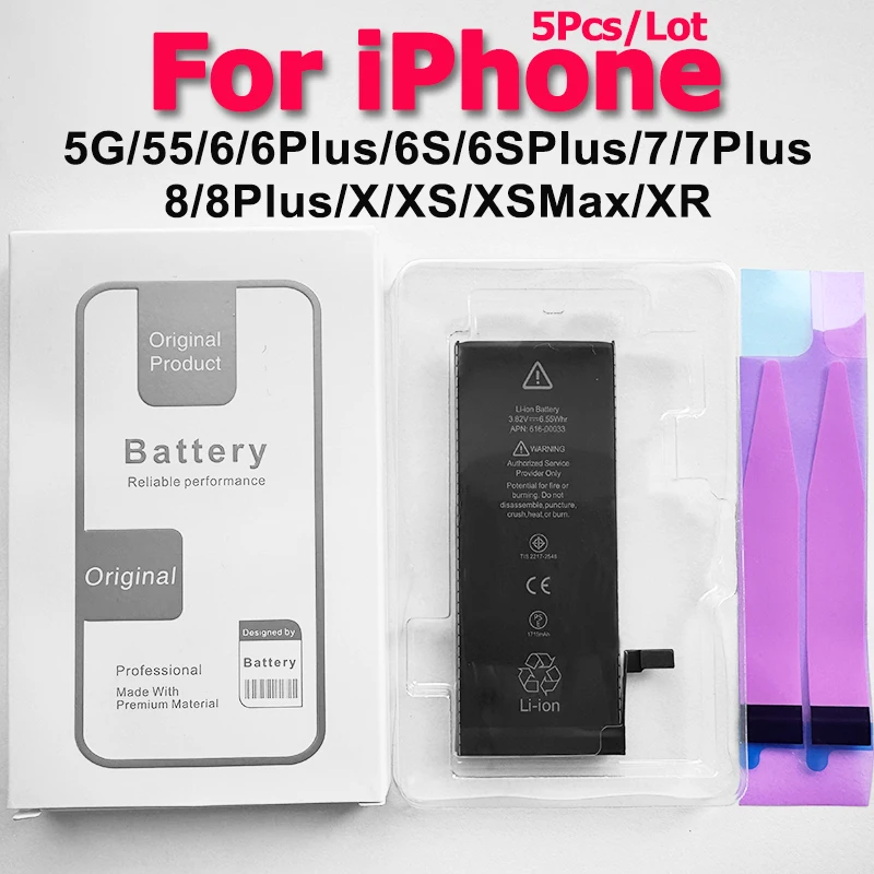 

XDOU 5pcs/Lot High Quality Battery For IPhone 5 5S 5C 6 6S 6Plus 6SPlus 7 7Plus 8 8Plus X XS XR XSMax Replacement For Apple