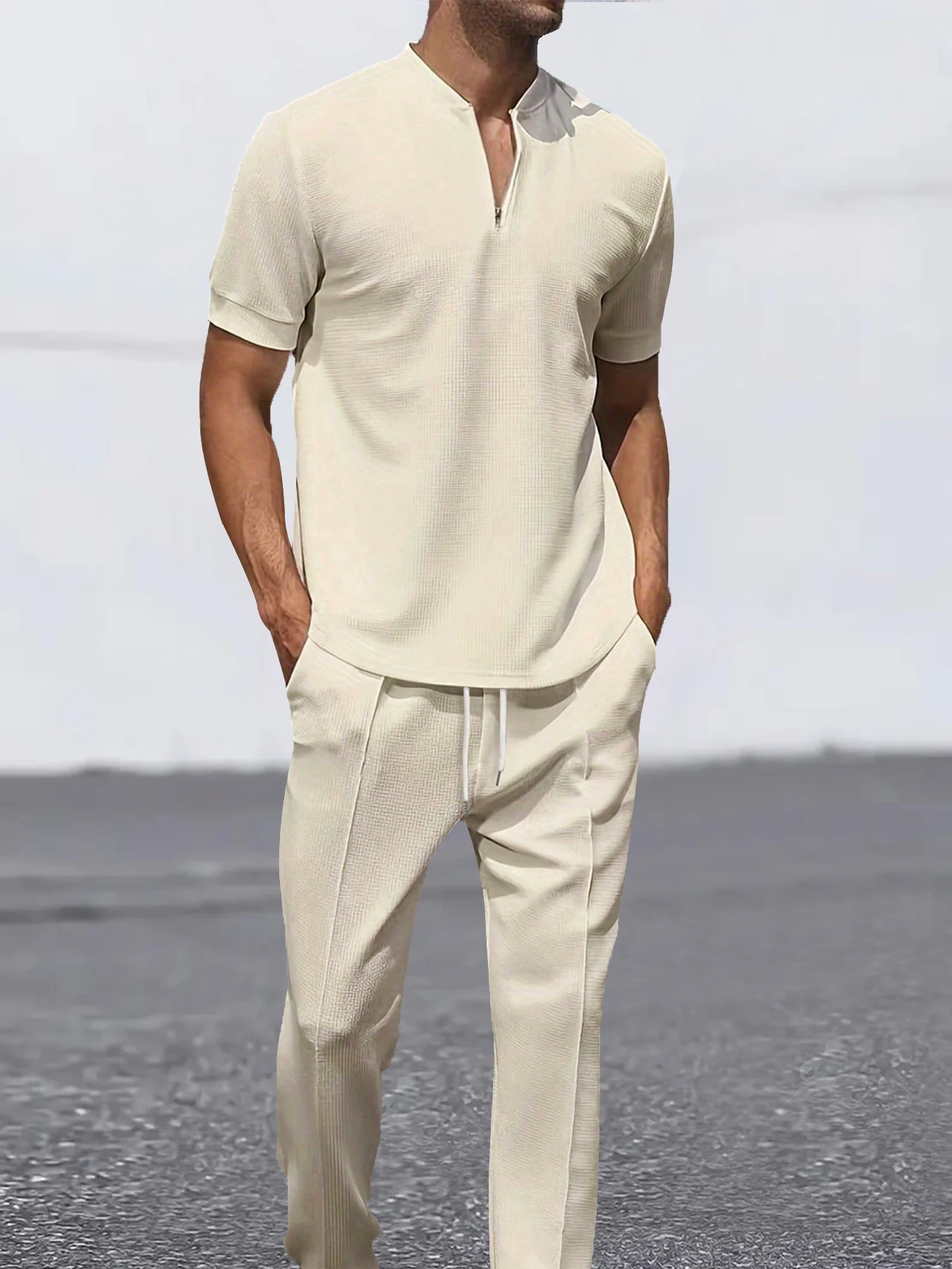 Men's Summer Casual Two-Piece Set with Half Zip Short Sleeve Top And Drawstring Pants