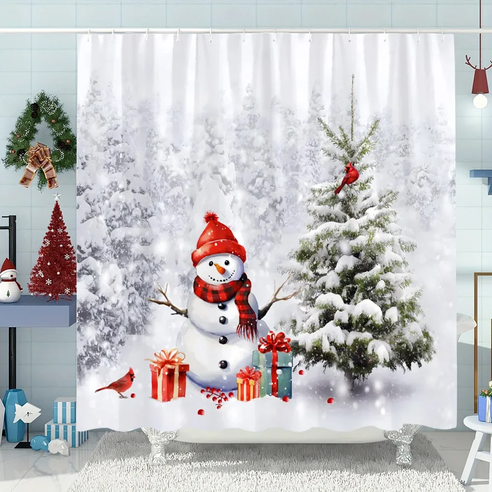 Snowman Christmas Tree Shower Curtain Merry Christmas Gift Polyester Fabric Home Shower Curtain Bathroom Decoration with Hooks