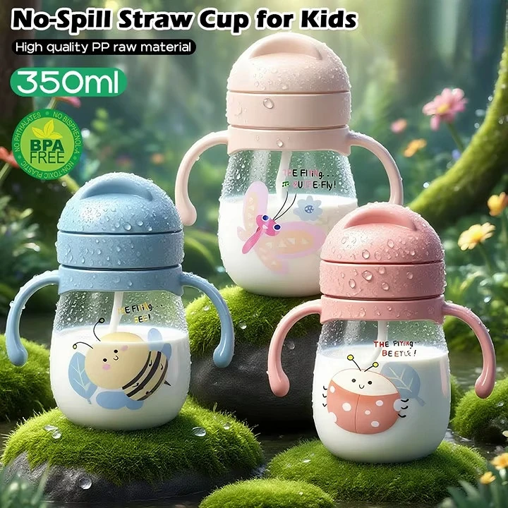 Cute Children Water Cup 300ML, Kindergarten Kids Water Bottle with Gravity Ball, Portable Straw Anti-Choke, Adorable Cup