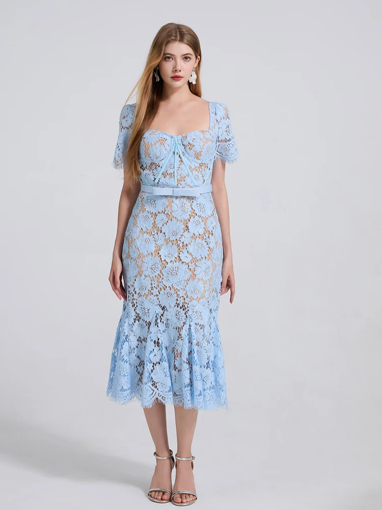 Seksowna elegancka koronkowa sukienka z kwadratowym kołnierzem Bodycon damska 2025 letnie koronkowe sukienki midi z paskiem Slim Luxury Party INKEO 5D135