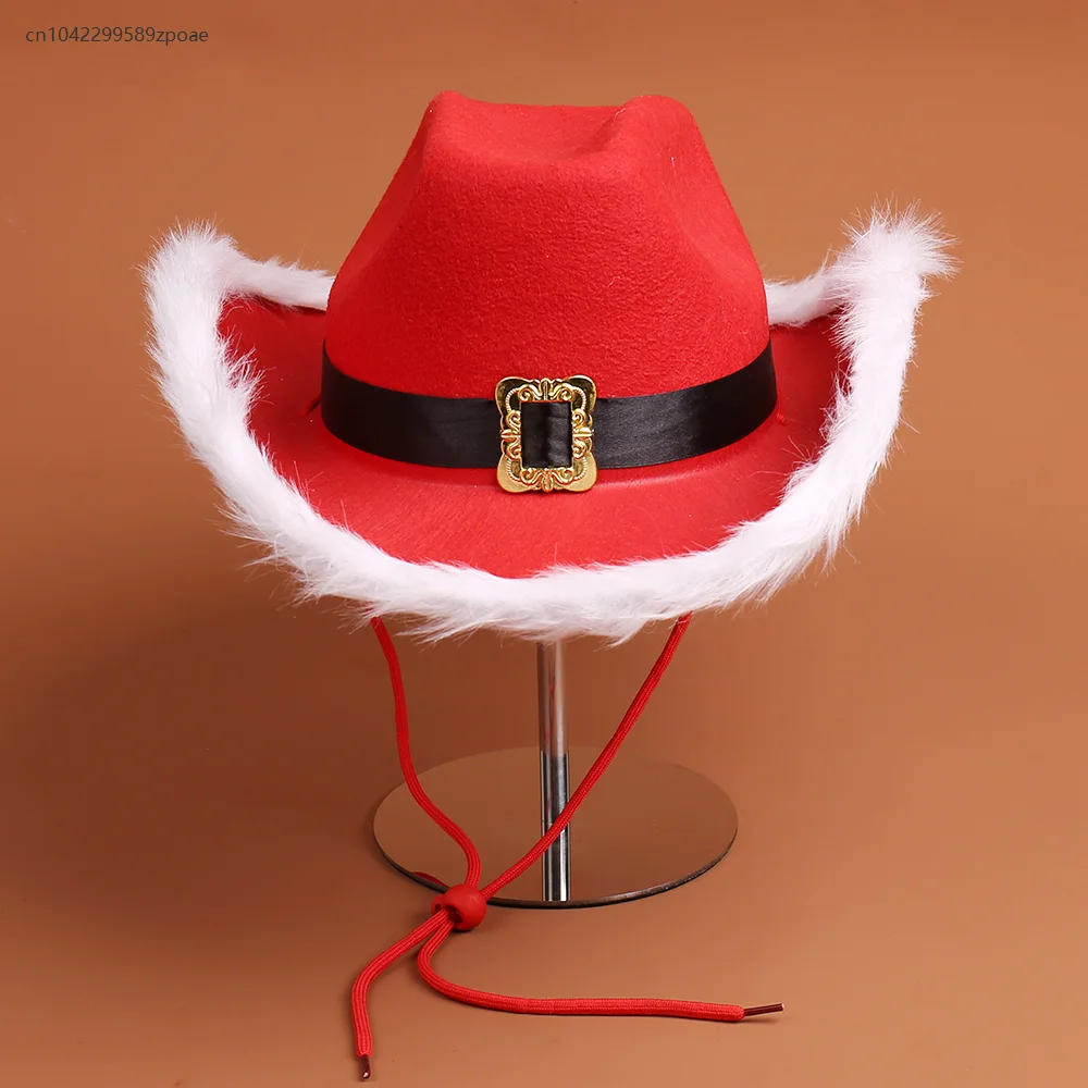 

Christmas Unisex Fashion Red Western Cowboy Hat Christmas Party Hat Feather Gold Buckle Fur-edged French Jazz Hat Cosplay Props