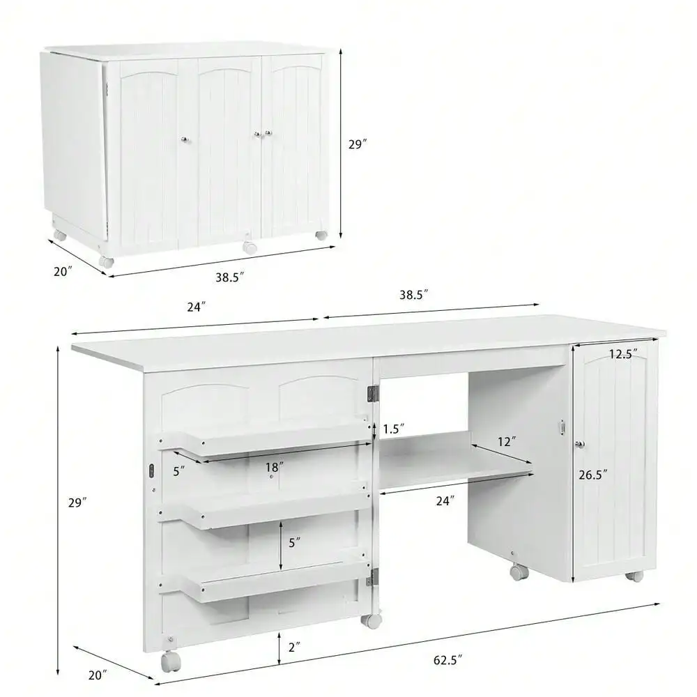 Utility Sewing Table Foldable Craft Cart Shelves Storage Cabinet Wheels White