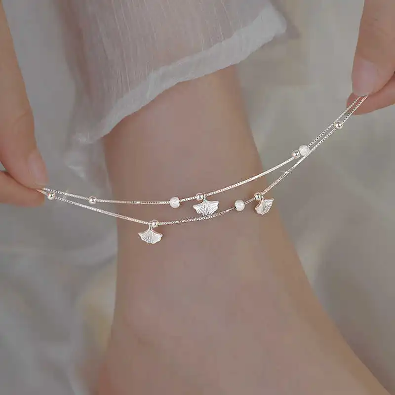 Romantic Sweet 925 Sterling Silver Small Round Bead Double Layer Ginkgo Anklets for Women Girls Summer Jewelry Accessories Gifts