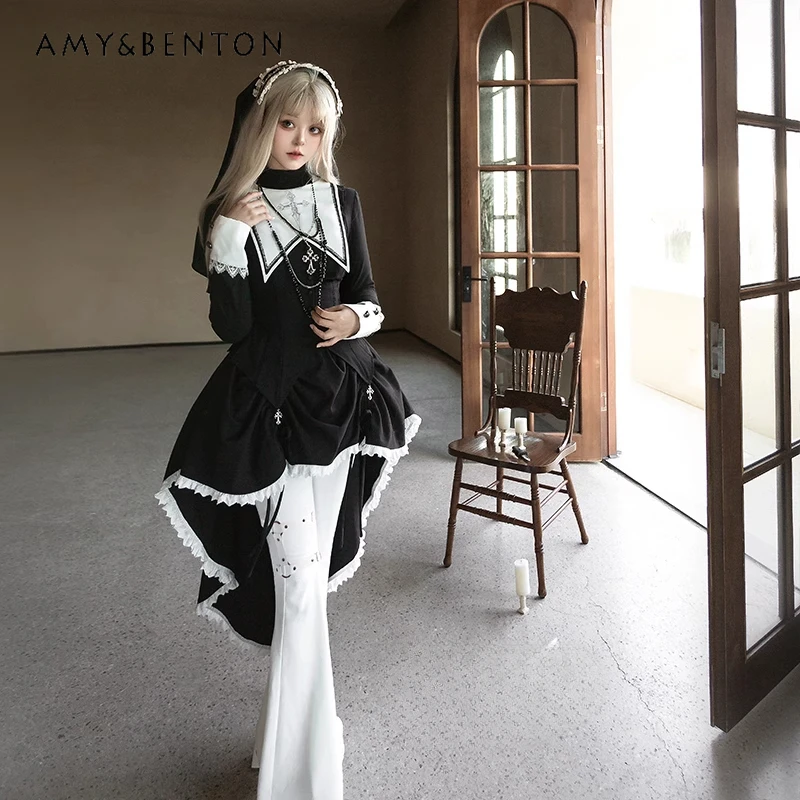 고스 코스프레 무대 의상 수녀 정장 오리지널 로리타 드레스 하위 문화 패치 워크 긴팔 탑 스트레이트 바지 투피스 세트