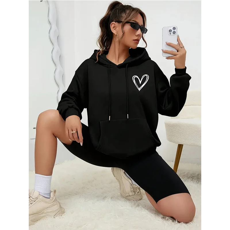 بلوفرات نسائية سوداء غير رسمية بغطاء للرأس مع طباعة قلب وأكمام طويلة وجيب وبلوزات برباط وقلنسوة موضة الخريف/الشتاء #1