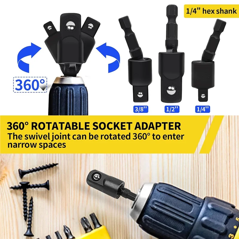 

LJL Flexible Drill Bit Extension Right Angle Drill Adapter Set 360°Rotatable 1/4 3/8 1/2Inch Impact Grade Socket Adapter Set