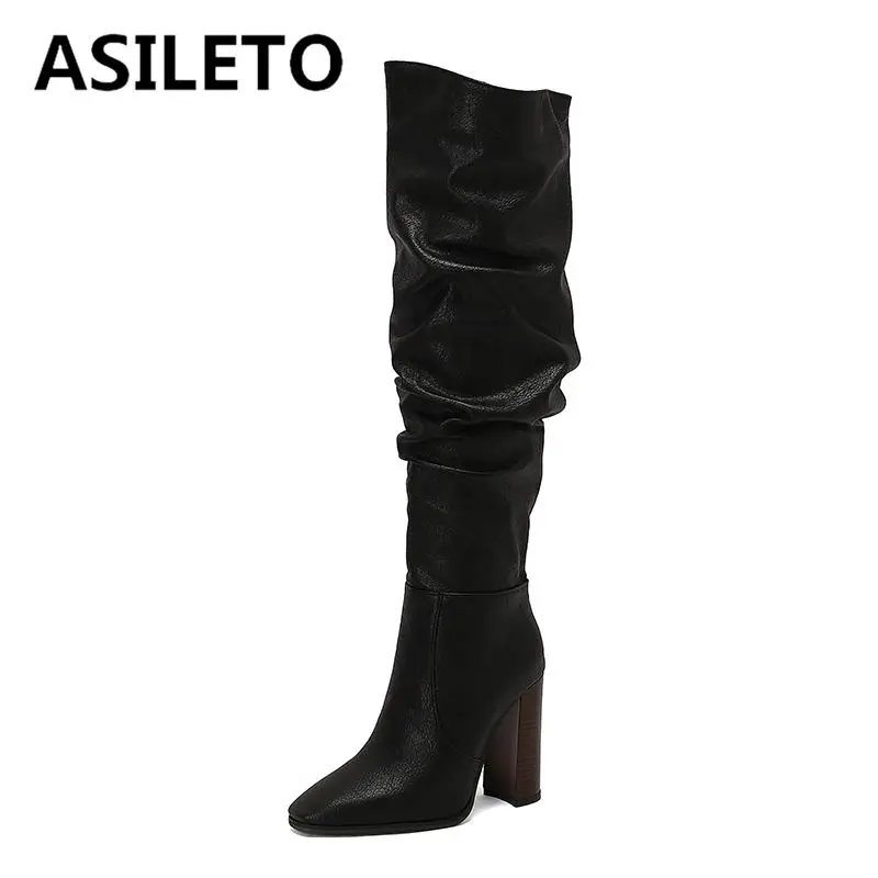 ASILETO Female Thigh Boots Square Toe Zipper Pleated Fabric Block Heels Large Size 49 50 Casual Party Long Booties Mixed Color