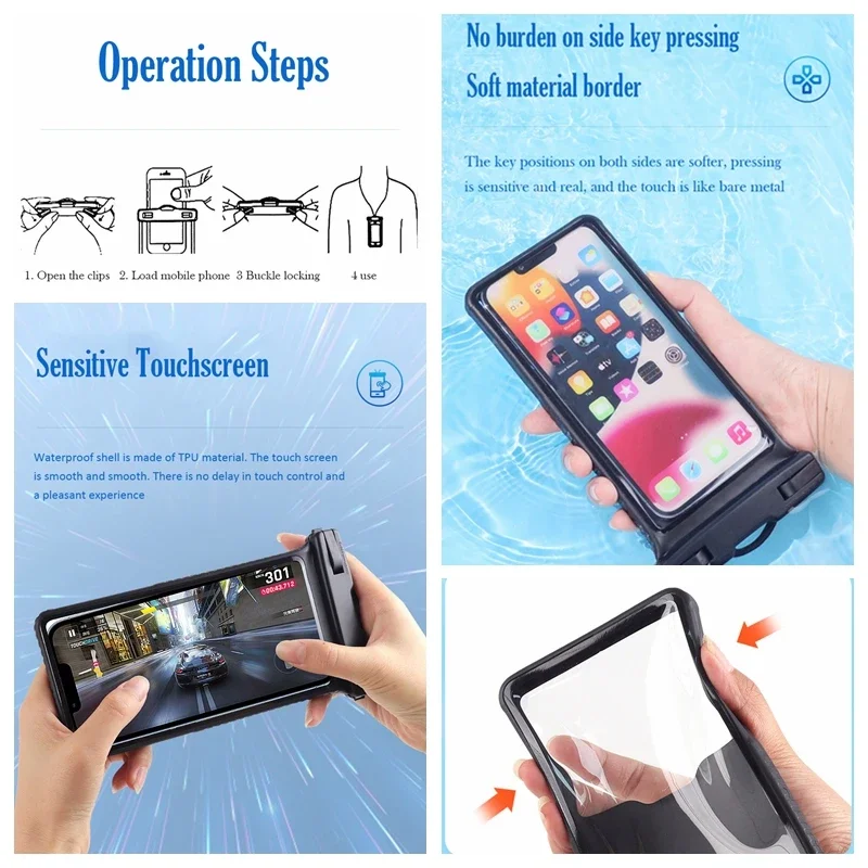 7 inch Anti-Falling Waterproof Phone Bag Touchscreen Swimming Drifting Boating Diving Surfing River Trekking Phone Case Holder