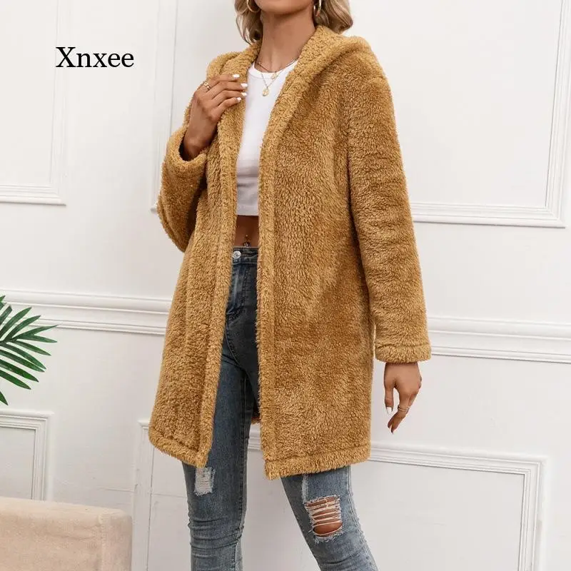 

Winter Women's Lamb Fur Mid-Length Cardigan Hooded Windbreaker Jacket Casual Plush Coat