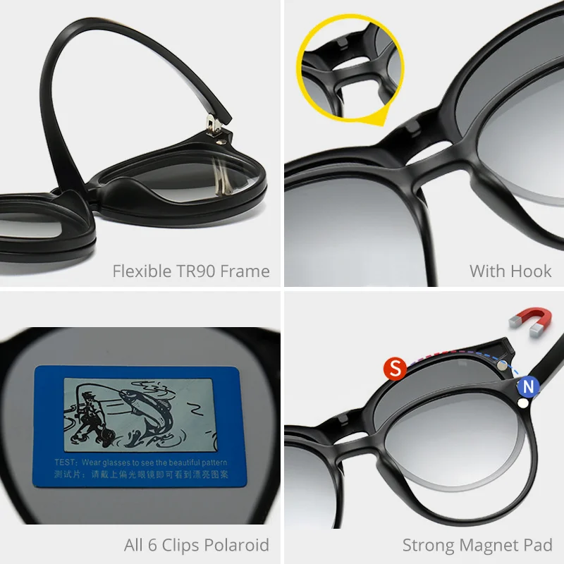 Ralferty 5 In 1 Magnetic Sunglasses Women Men Round Clips On Glasses Polarized UV400 Driving Anti-glare Sun Glasses Optic Frame