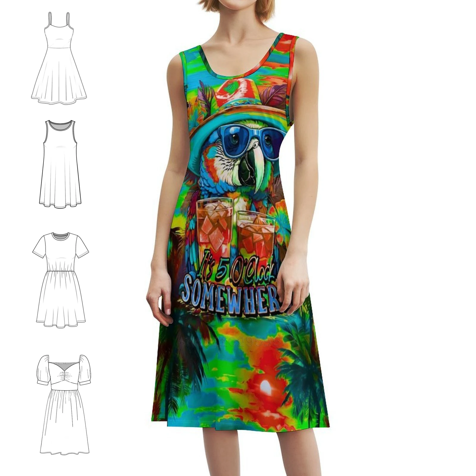 فستان It's 5 O'Clock Somewhere Tropical Parrot Cocktail مثير للإجازات للنساء على الشاطئ وحفلات أعياد الميلاد فستان قصير للشاطئ مضحك #1