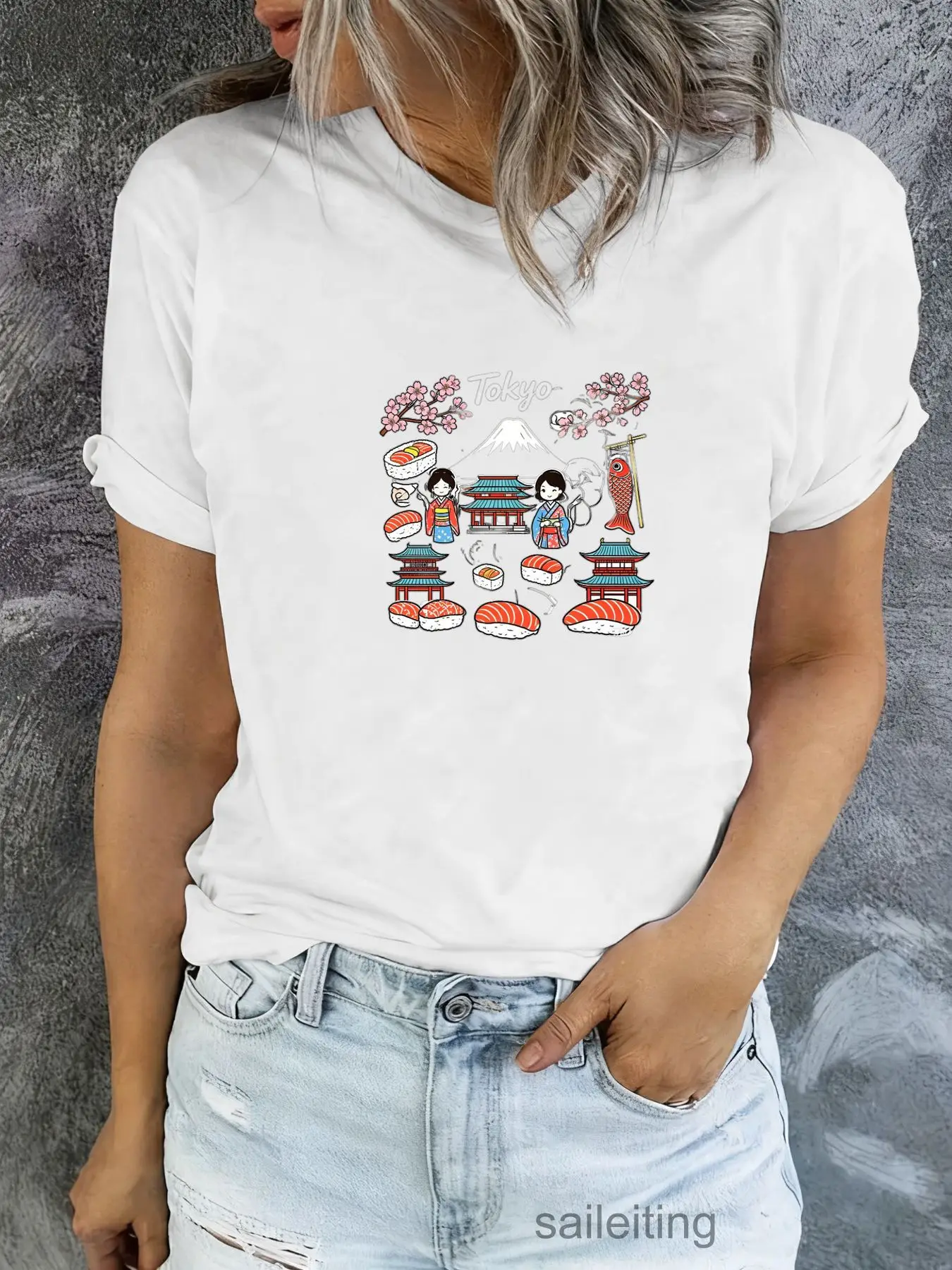 Japan Mount Fuji Cherry Blossom Torii Gate Sushi Geisha Cartoon Print T-Shirt for Women Men Casual Summer Short Sleeve Tee To