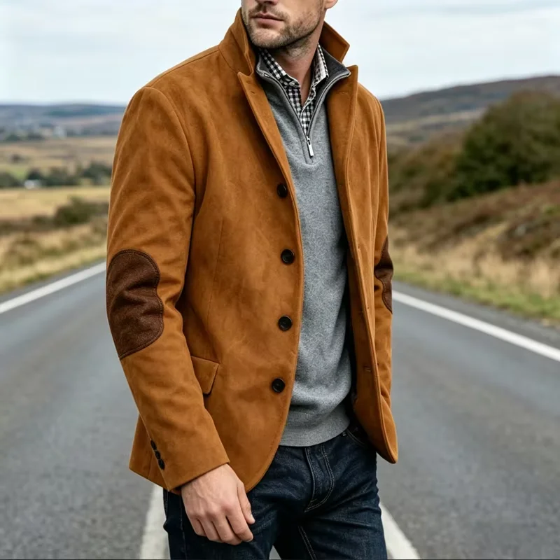 

Vintage Men's Suede Blazer Notch Lapel Elbow Patches Slim Fit Jacket Business Casual Men Fashion Outerwear for Spring Autumn