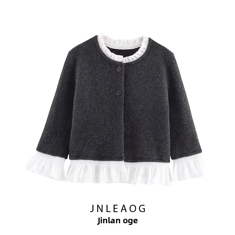 

JNLEAOG, осенняя новая женская трикотажная верхняя одежда, шелковый лоскутный дизайн, простой длинный свек, круглый кардиган на пуговицах