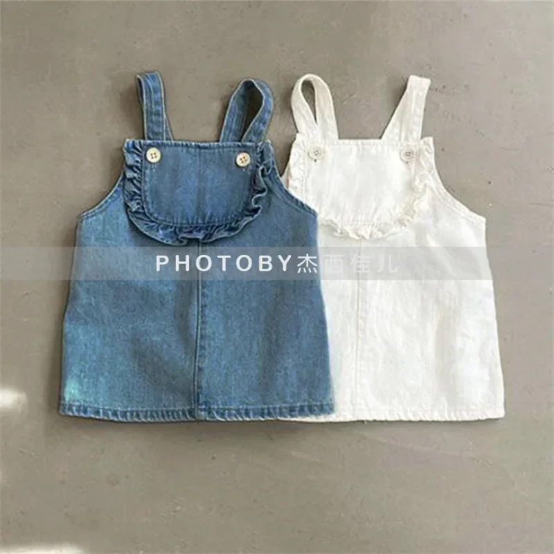 

Kids Boutique Clothing Korean 2023 New Autumn Cute Wooden Ear Lace Fashion Jeans Suspenders Dress Solid Color Casual Simple