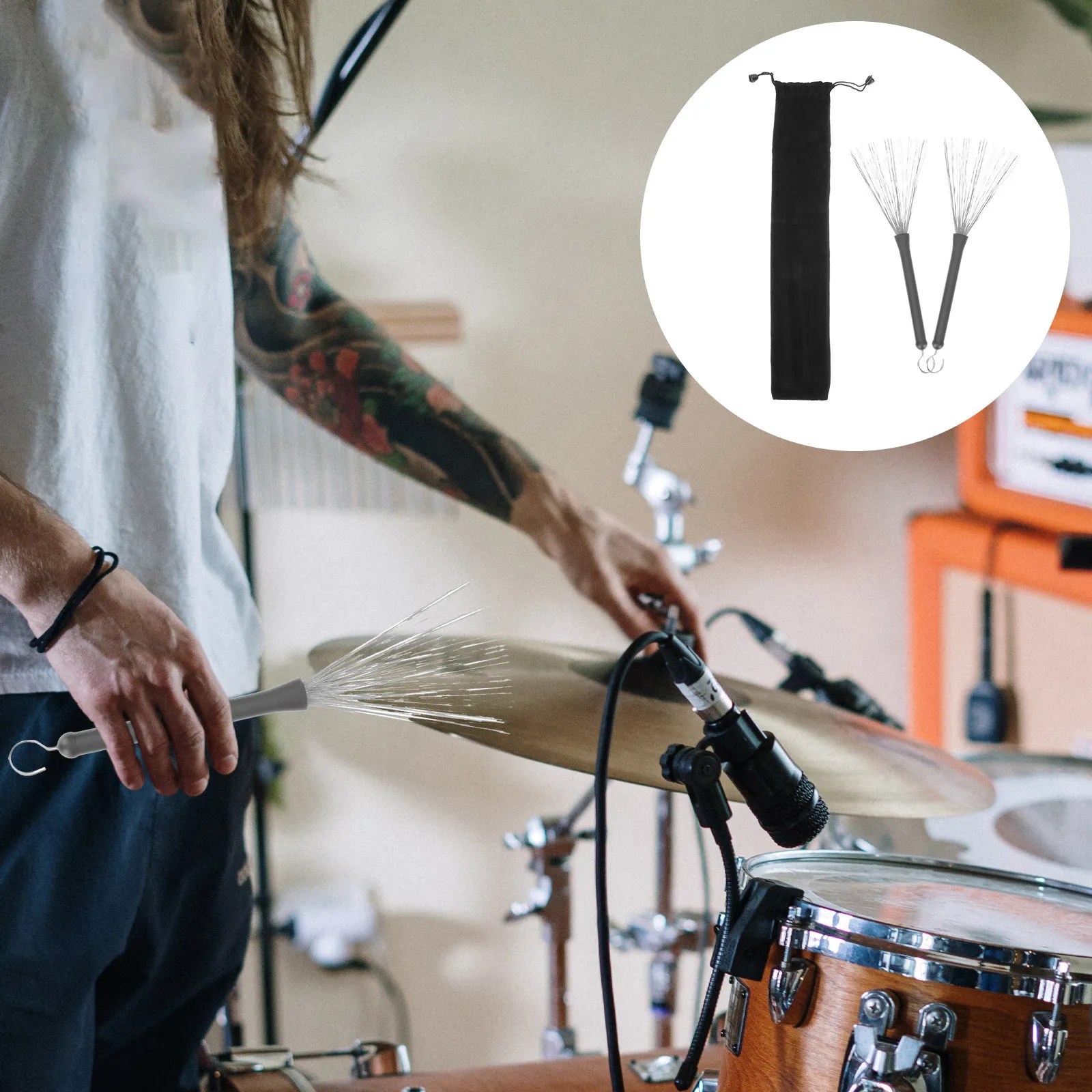 1Set Drum Brush Bag Premium Stainless Steel Wire Jazz Drum Stick Brush Retractable Wire Comfortable Handle Natural Sound