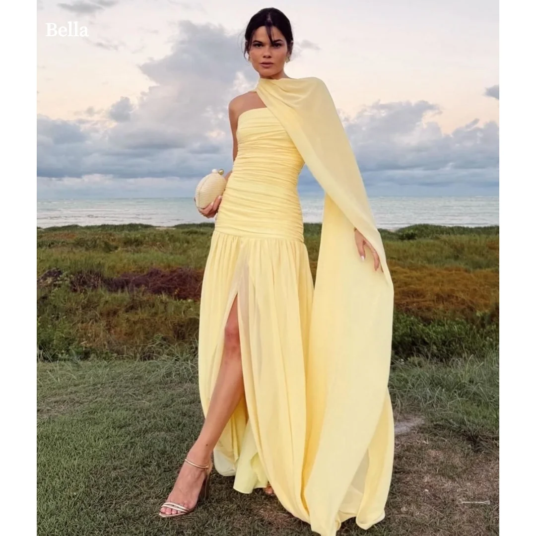 

Bella Customized Sunny Yellow Strapless Prom Dress Ruched Chiffon High Slit Draped A Line Floor Length Party Dresses Elegant