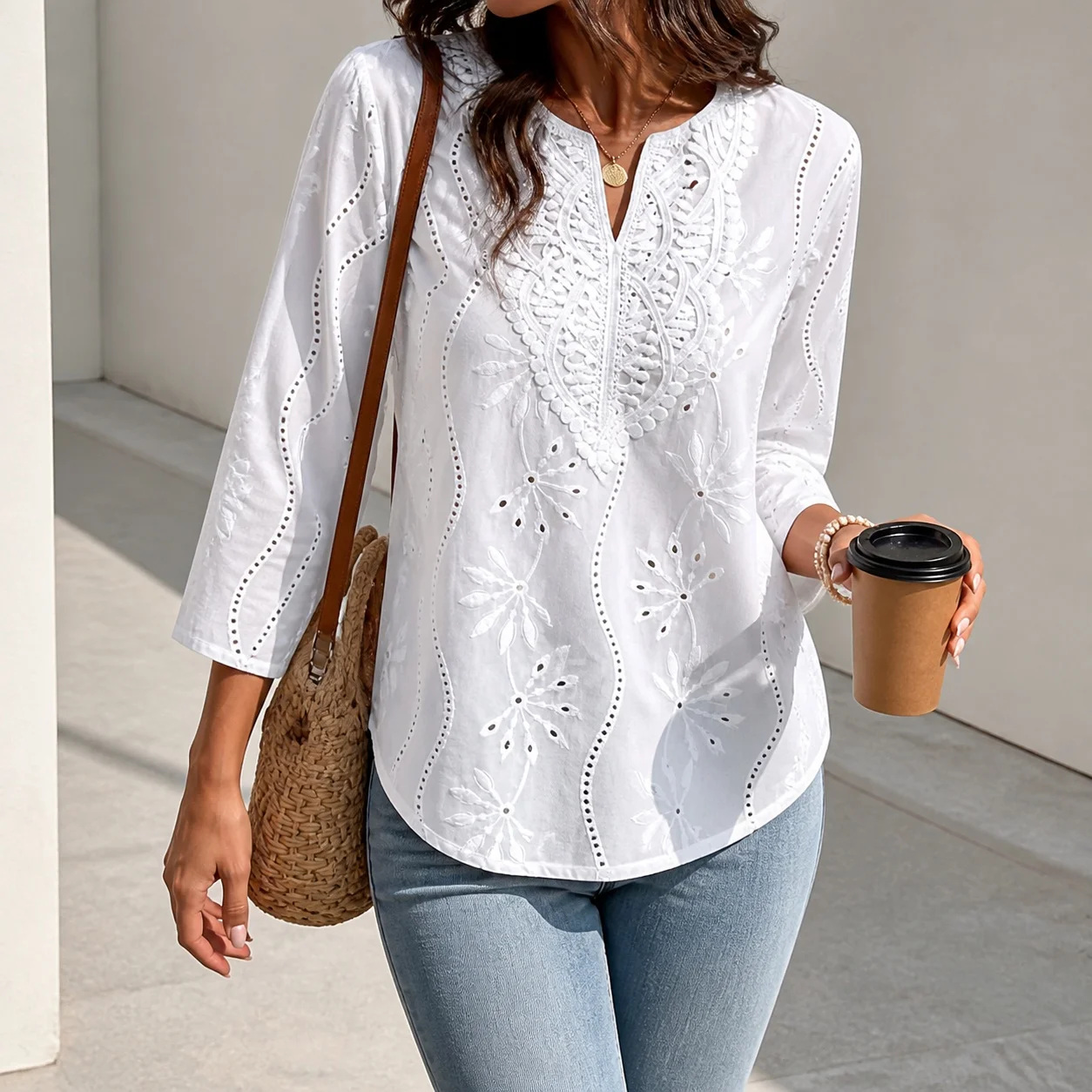 Loose Fit Bell Sleeve Blouse Elegant with V Neck Floral Pattern Regular Length Pullover Commuter Chic Autumn Women Blouse