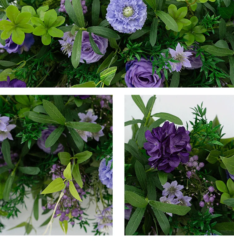 Grüne Pflanze, violette künstliche Blumenreihe, Hochzeitsgang-Boden-Blumenarrangement, Hängeblume, Outdoor-Gartenparty-Hintergrunddekoration – Detail 7
