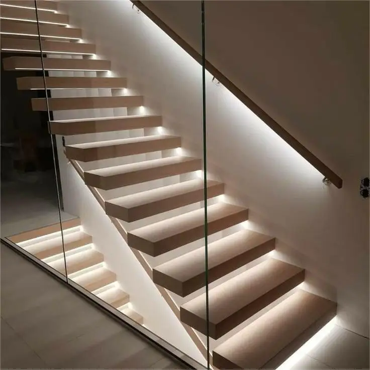 Luxury Smart Home Compatible Suspended Staircase Motion Sensor LED Lighting Custom Timber Durable Apartments Villas