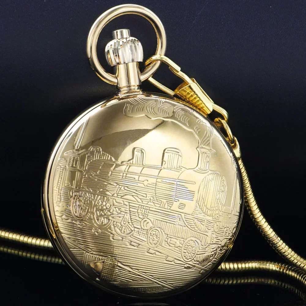 Luxury Brand Golden Copper Steam Train Design Automatic Mechanical Men's Pocket Watch Gift Antique Chain Pendant Timepiece