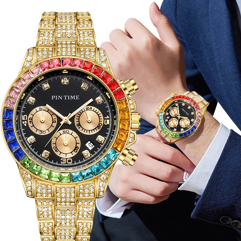 

PINTIME Men Watch Women Iced Out Diamond Hip Hop Fashion Large Dial Calendar Lover Ladies Quartz Wrist Watch Montre Femme