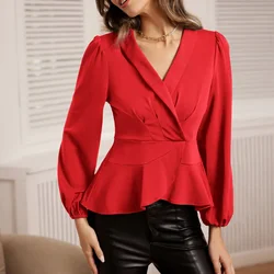 GK Women Shawl Lapel Tops Long Sleeve Irregular Wrap Hem Tops V-neck Solid Slim Pullover Office Lady Fashion Casual Blouses