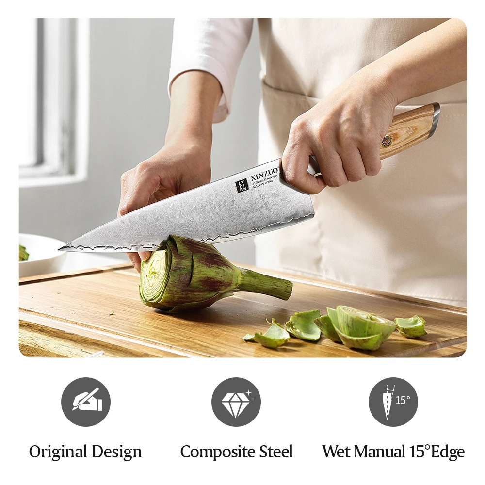 XINZUO 8.5\'\' Chef Knife 10Cr15CoMoV Steel Core Composite Steel Kitchen Knives Meat Tools with Japanese Style Pakkawood Handle