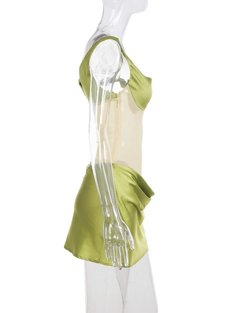 SsTss élégant vert clair Satin une épaule maille transparente moulante Mini robe femmes Sexy voir à travers froncé mince robe de soirée d'été