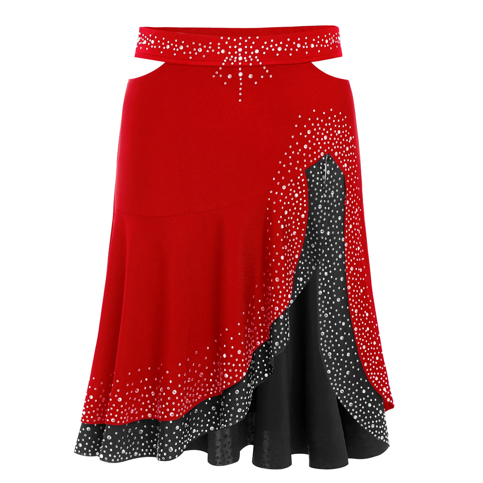 Women Jazz Latin Dance Costume Dancing Skirts Modern Ballet Dancewear Rhinestones Color Contrast Waist Sides Cut Ruffled Skirt