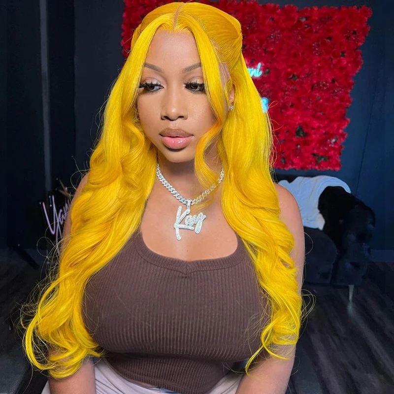 Synthetic Hair Wigs Chrome Yellow Lace Frontal Transparent 13x4 613 Straight Body Wave Wig Light Yellow for Women Pre Plucked