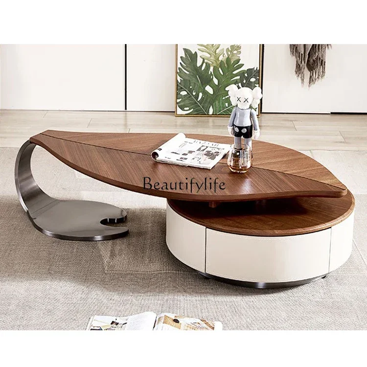 

Modern Living Room Wooden Melon Seed Shape Oak Coffee Table with Storage