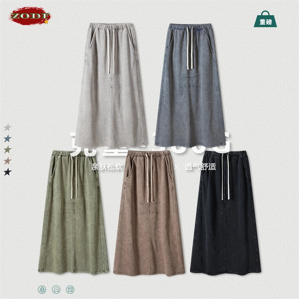 ZODF Women 2023 Autumn Washed Cotton Long Skirt American Retro Female Heavy Weight 380gsm Loose Slit Skirts Streetwears HY0644