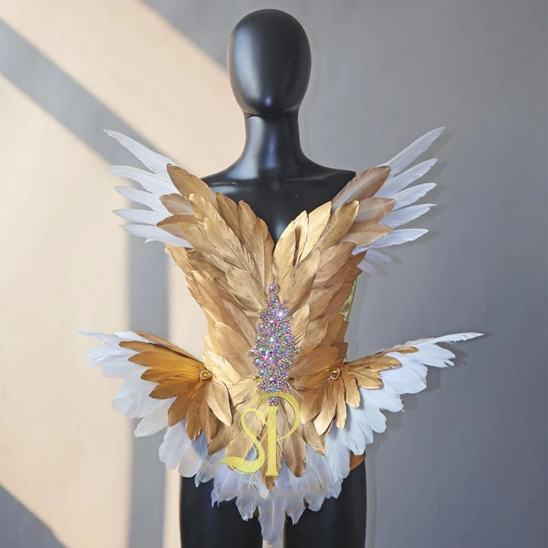 Nowe seksowne kostiumy do tańca Gogo złote pióro Bodsyuit nakrycia głowy kobiety strój do tańca na rurze klub nocny Dj Ds występ na scenie