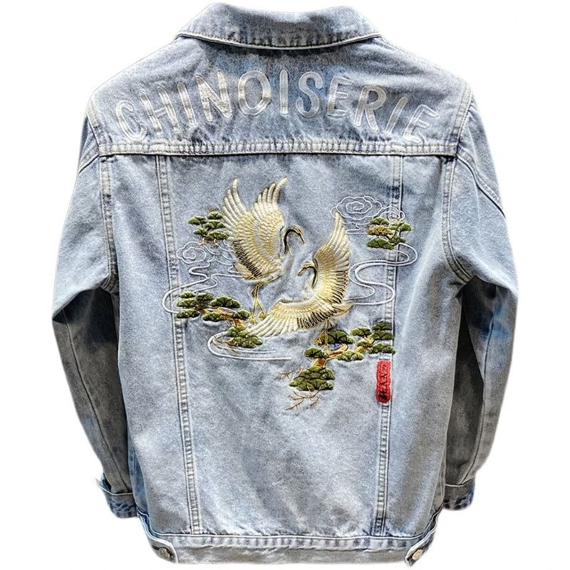 مع التطريز الدنيم الستر رجل النسيج رخيصة الثمن أنيق مطاطا روك اليابانية الرجعية الرجال سليم صالح كاوبوي معطف للرجال