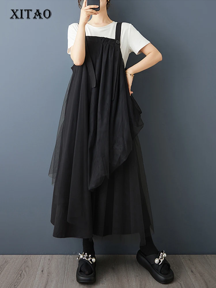 

XITAO Gauze Irregular Solid Color Straps Dress Patchwork square collar Sleeveless Casual Slimming Summer Woman Dress ZMY1295