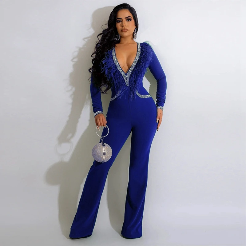 

Feather Patchwork Rhinestone Elegant Jumpsuit Women Overalls Party Club Long Sleeve Luxury Evening Jumpsuit Fall Outfits